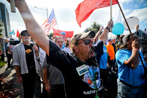Maritime Union lends their support for the Port Protest, Downtown Auckland. Photo / Jason Dorday