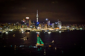 Groupama is first in to Auckland harbour. Photo / IAN ROMAN/Volvo Ocean Race