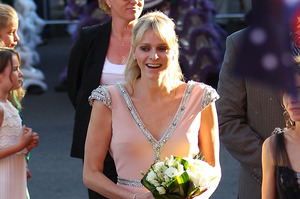 Princess Charlene wears her Johanna Johnson outfit to open a Grace Kelly exhibit at the Bendigo Art Gallery. Photo / Getty Images