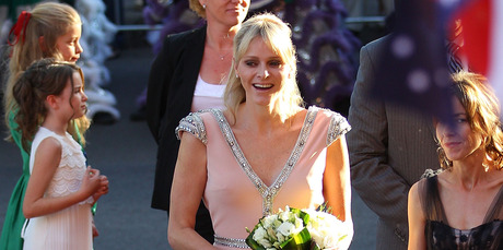 Princess Charlene wears her Johanna Johnson outfit to open a Grace Kelly exhibit at the Bendigo Art Gallery. Photo / Getty Images