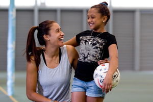 Leukaemia survivor Tamilla Khan, 13, gets to know Silver Ferns netball star Maria Tutaia. Photo / Dean Purcell