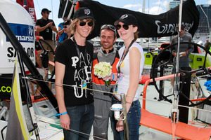 Groupama skipper Franck Cammas (centre) with Matt Playne and Ashleigh Kimber. Photo / Steven McNicholl