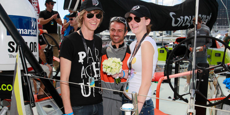 Groupama skipper Franck Cammas (centre) with Matt Playne and Ashleigh Kimber. Photo / Steven McNicholl