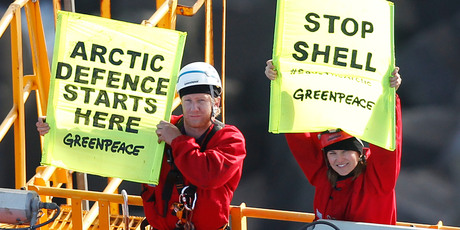 Actor Lucy Lawless and Greenpeace New Zealand activists protest to stop a Shell-contracted drillship from departing Port Taranaki for the remote Arctic. Photo / Supplied