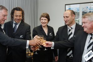 Sir Colin Meads, Tana Umaga, former Prime Minister Helen Clark, Jock Hobbs and Chris Moller in the Prime Ministers office at Parliament, Wellington, New Zealand, in 2005. Photo / NZPA