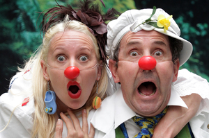 Hannah McQuilkan (left) as Dr Strut-Her-Stuff and Stephen Hollins (right) as Dr. P P Roni. The two 'clown doctors' work with children at Starship Children's Hospital in Auckland. Photo / Sarah Ivey