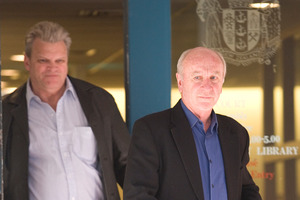 Former Bridgecorp directors Rod Petricevic (R) and Robert Roest leave the Auckland High Court last year after the sentencing of chairman Bruce Davidson. Photo / NZ Herald