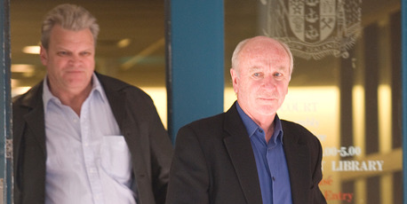 Former Bridgecorp directors Rod Petricevic (R) and Robert Roest leave the Auckland High Court last year after the sentencing of chairman Bruce Davidson. Photo / NZ Herald