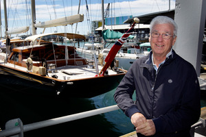 Entrepreneur Ron Holland, who founded the University of Auckland's course in yacht engineering, with the Thalia, which he designed. Photo / Sarah Ivey