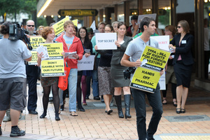 Wellington TPP Action Group protest outside the MFAT to join the international call for Governments to release the text of the Trans Pacific Partnership Trade Agreement. Photo / APN