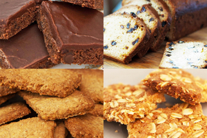 The legend, Tui Flower's, creations (clockwise from top left): Simple brownies; raisin loaf; scrunch and bran biscuits. Photo / Jason Burgess