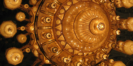 A jaw-dropping feature of Muscat's Sultan Qaboos Grand Mosque is the grand chandelier, which is eight tonnes of glittering Swarovski crystals and gold-plated metal. Photo / Jill Worrall