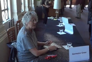 Germaine Greer just after being 'glitter bombed' at the Wellington Embassy Theatre today. Photo / Twitter