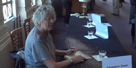Germaine Greer just after being 'glitter bombed' at the Wellington Embassy Theatre today. Photo / Twitter
