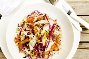 Pear, chorizo, mint and cabbage salad. Photo / Babiche Martens