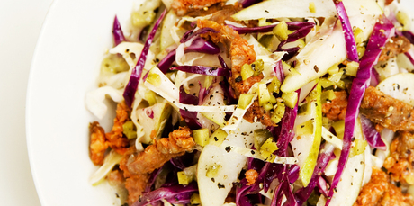 Pear, chorizo, mint and cabbage salad. Photo / Babiche Martens