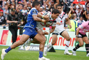 Kevin Locke makes a dive for the try line for a disallowed try against the Canterbury Bulldogs. Photo / Richard Robinson