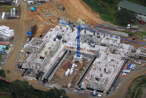 Work continues apace on Russian steel magnate Alexander Abramov's mansion at Helena Bay south of the Bay of Islands. Photo / Greg Bowker