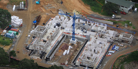 Work continues apace on Russian steel magnate Alexander Abramov's mansion at Helena Bay south of the Bay of Islands. Photo / Greg Bowker