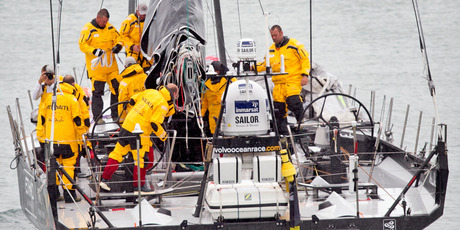 The crew of the Abu Dhabi set sail from Viaduct Harbour again after deciding to return to Auckland to repair a bulkhead which got damaged in heavy seas last night. Photo / Natalie Slade