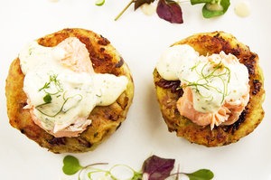 Salmon cakes, dill and lime aioli, micro greens. Photo / Babiche Martens