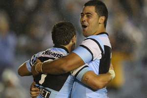 Nathan Gardner and Andrew Fifita of the Sharks celebrate during their win over the Sea Eagles. Photo / Getty Images