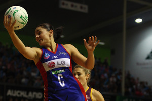 Temepara George of the Mystics secures the ball during the round seven ANZ Championship match between the Mystics and the Firebirds. Photo / Hannah Johnston
