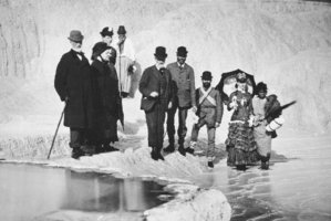 A party of tourists with Maori guides, on the White Terraces which now lie beneath Lake Rotomahana. Photo / NZ Herald