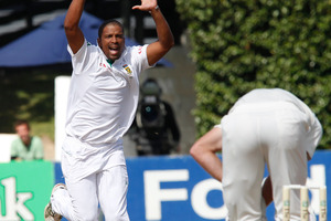 Vernon Philander celebrates after trapping New Zealand opener Martin Guptill, lbw.