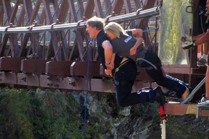 The English entertainer takes the plunge in a triple jump from Kawarau Bridge. Photo / Supplied