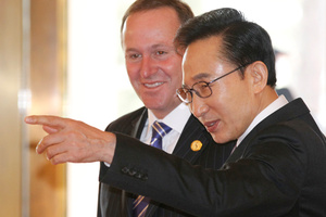 South Korean President Lee Myung-bak greets visiting New Zealand Prime Minister John Key ahead of the Nuclear Security Summit in Seoul. Photo / AP.