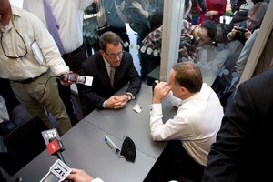 National Party leader John Key and Act Party leader John Banks during the infamous cup of tea. Photo / Dean Purcell