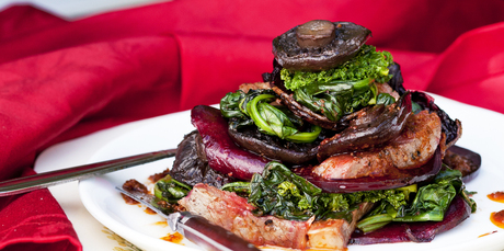 Mushroom, beef, beets and greens with chilli dressing. Photo / Babiche Martens