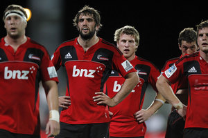 Crusaders team mates during round five Super Rugby match between the Crusaders and the Cheetahs. Photo / Getty Images.