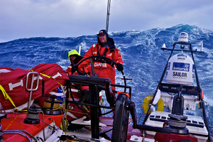 Tony Rae and Adam Minoprio wrap up warm on the deck of Camper as the boat takes a hammering in the Southern Ocean. Picture / Hamish Hooper - Camper