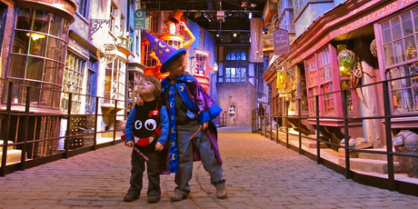 Zac and Sasha Jourdan explore the stores of Diagon Alley at the 'Warner Bros. Studio Tour London: The Making of Harry Potter' tour. Photo / Amy Laughinghouse