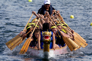 Epsom Girls Grammar won Race 16 in Round 2 during the Auckland regional Secondary Schools Dragon Boat Championships at Lake Pupuke on Sunday. Picture / Brett Phibbs