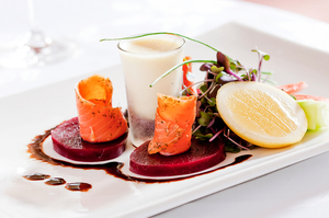 The entree dish of gravlax, beetroot, and horseradish creme fraiche on the menu at Black Sugar Grill in Mission Bay. Photo / Babiche Martens