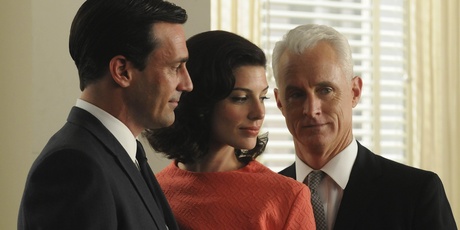 Don Draper's surprising relationship with his secretary, played by Jessica Pare (centre) has upped the competition level between him and Roger Sterling. Photo / Supplied