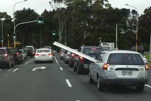 This customer was seen coming out of Placemakers, Lunn Ave, Mt Wellington with a full length of spouting poking out the side window. Photo / Supplied