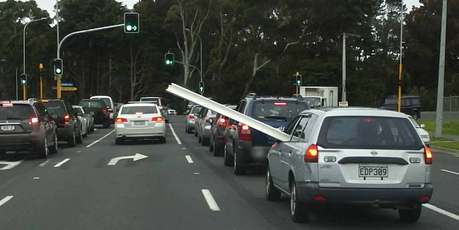This customer was seen coming out of Placemakers, Lunn Ave, Mt Wellington with a full length of spouting poking out the side window. Photo / Supplied