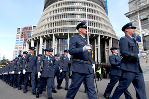 A 200 strong RNZAF Royal Guard of Honour marching along Parliament Forecourt to celebrate their 75th Anniversary. Photo / Mark Mitchell