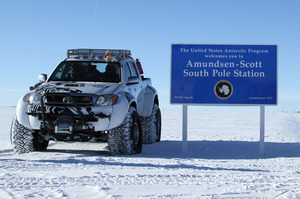 Specially-equipped Toyota Hilux 4x4s after a gentle cruise to the South Pole. Photo / Supplied