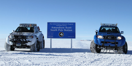 Specially-equipped Toyota Hilux 4x4s after a gentle cruise to the South Pole. Photo / Supplied