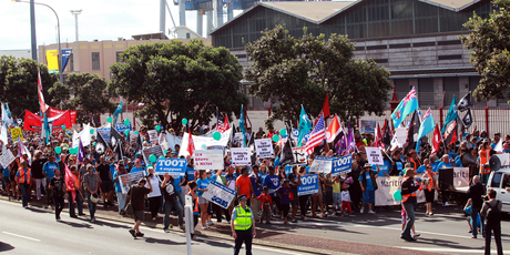 A protest march regarding the Ports of Auckland. Photo / Doug Sherring
