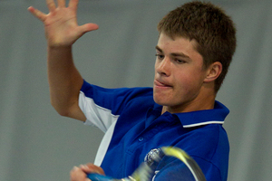 Trent Smith of St Kentigern College in action in the team finals at Albany Tennis Park. Photo / Brett Phibbs