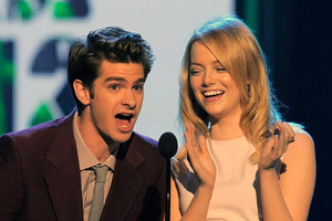 Andrew Garfield, left, and Emma Stone at Nickelodeon's 25th Annual Kids' Choice Awards. Photo / AP