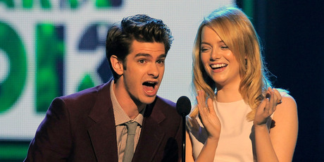 Andrew Garfield, left, and Emma Stone at Nickelodeon's 25th Annual Kids' Choice Awards. Photo / AP Andrew Garfield, left, and Emma Stone at Nickelodeon's 25th Annual Kids' Choice Awards. Photo / AP