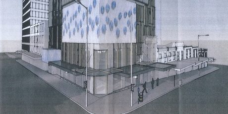 The black-toned glass building will feature two storeys of LED screens. Photo / Supplied
