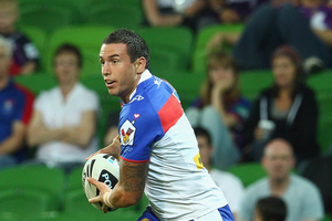 Darius Boyd of the Knights runs with the ball during the round five NRL match. Photo / Getty Images